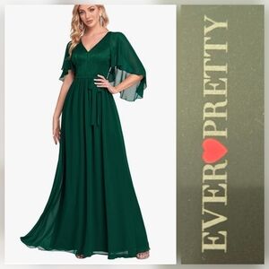Ever Pretty V-Neck Evening Dress Dark Green Tie Waist Flutter Sleeve Size 18